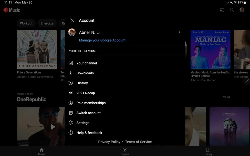 YouTube Music settings tablet 1 3