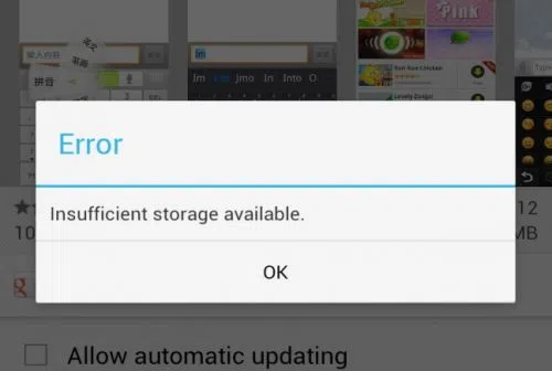 insufficient strorage available error in android
