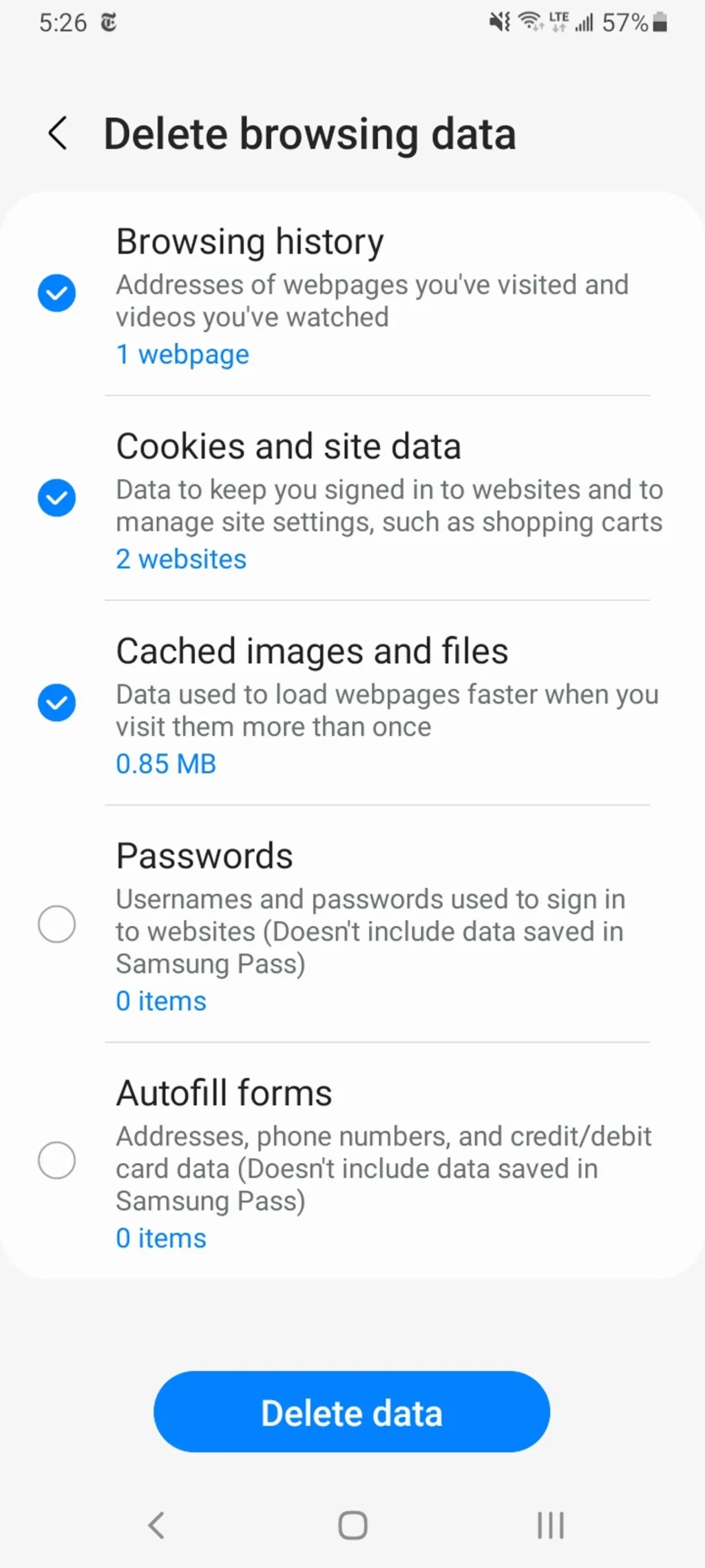 samsung internet cache clear