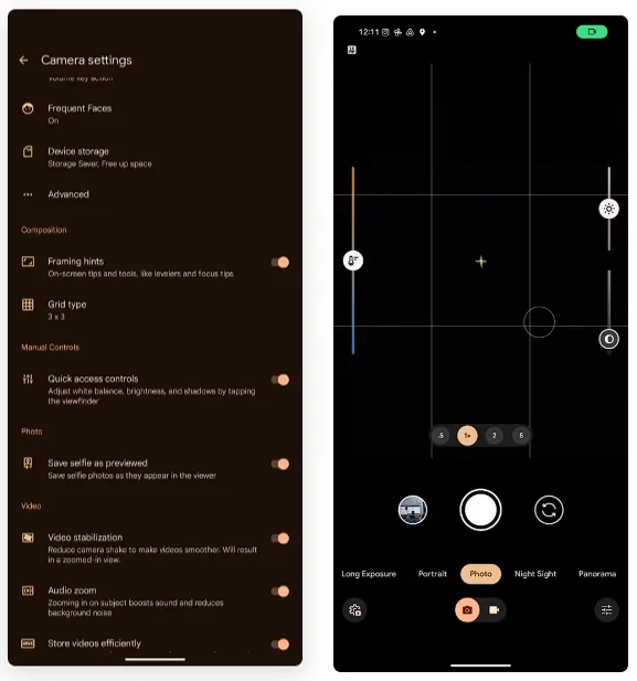 Quick access controls google camera