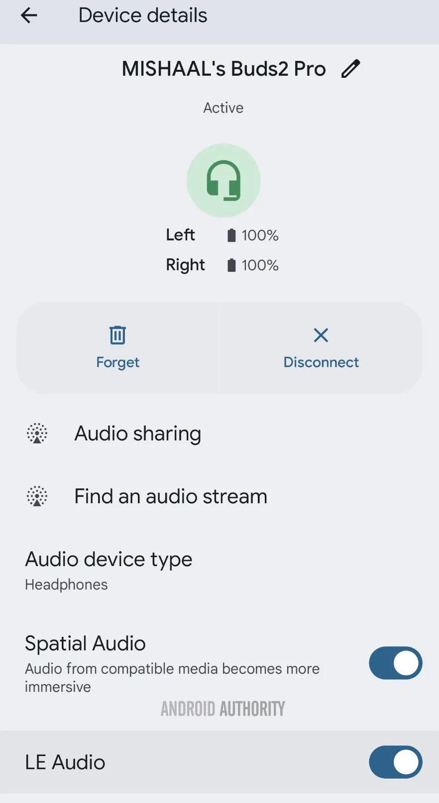 Bluetooth device details page for LE Audio capable earbuds.jpg