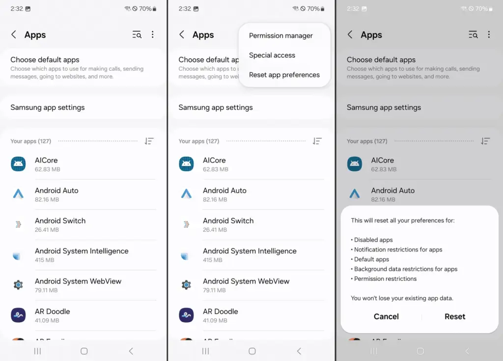 reset default apps on Android