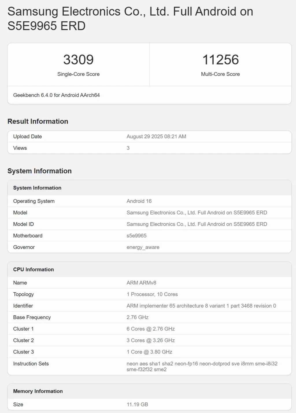 Samsung Exynos 2600 Geeckbench score leak