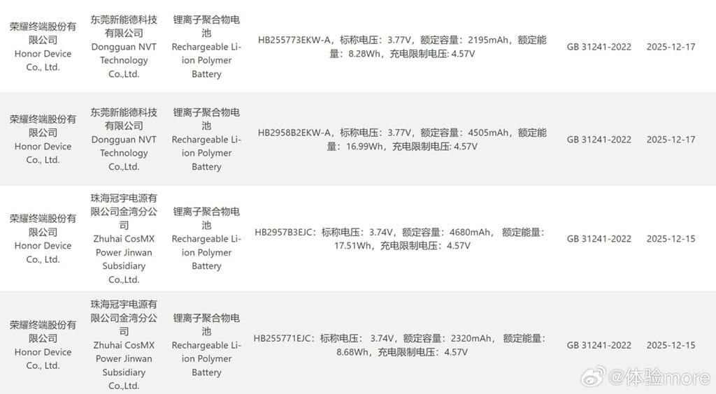 Honor Magic V6 battery info in 3C leak certification